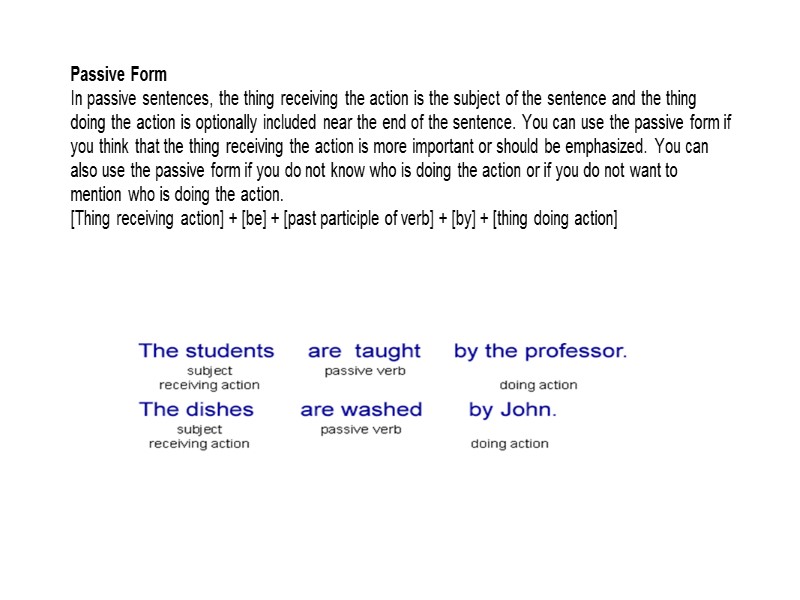 Passive Form In passive sentences, the thing receiving the action is the subject of